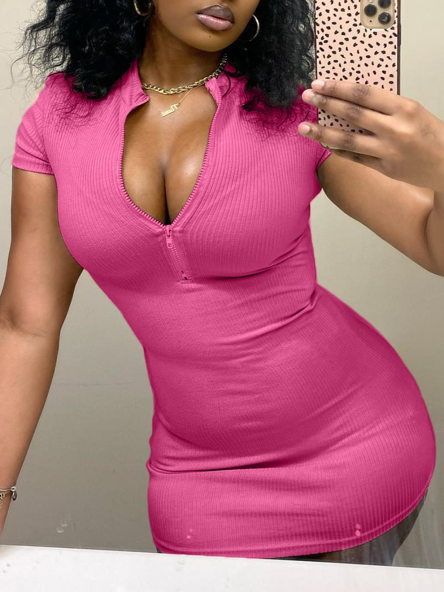 LW BASICS Zipper Design Solid Color Mini Dress