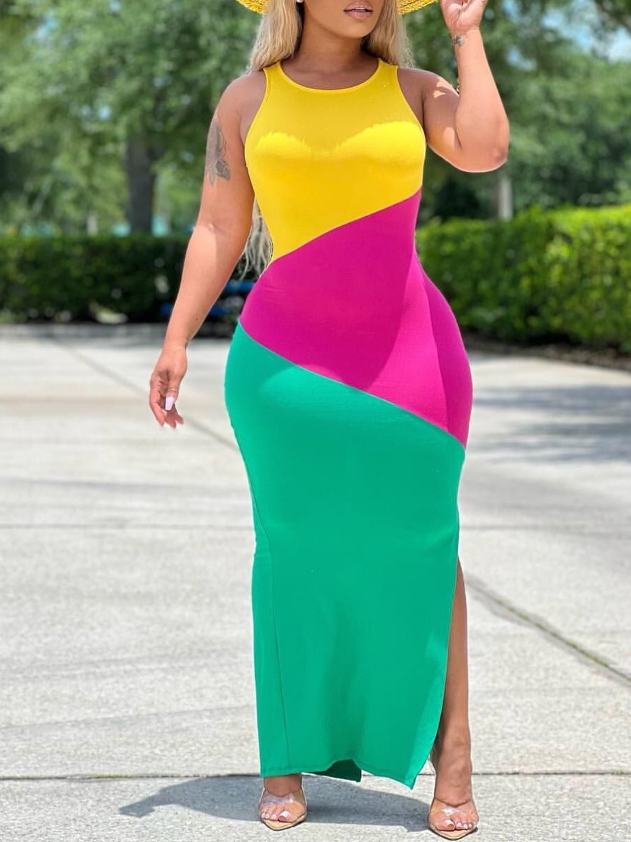 LW Asymmetrical Pattern Color Contrast Maxi Dress