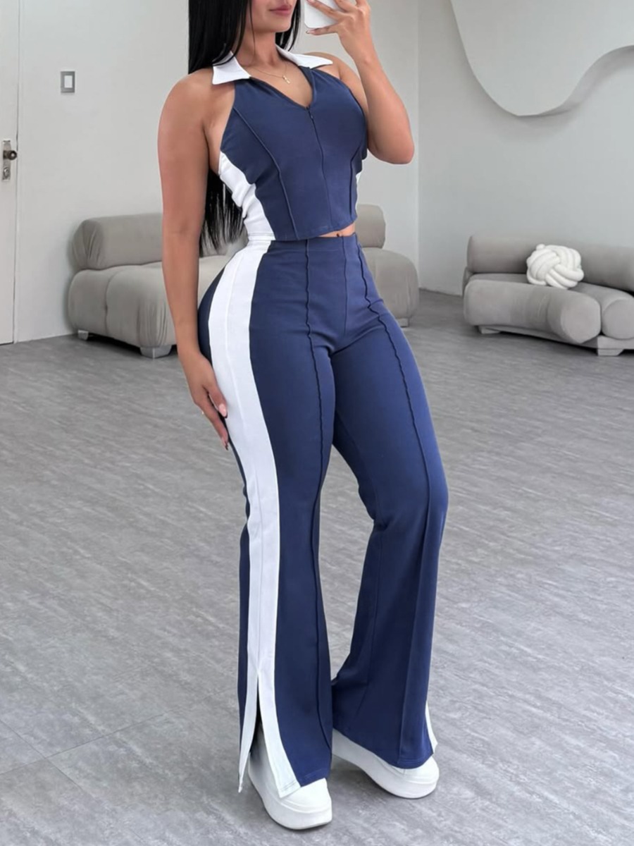 LW BASICS Casual Polyester Turndown Collar Patchwork Striped Sleeveless Two-piece Pants Set