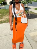 LW Vacation Polyester Collarless Pattern Letter Cartoon Sleeveless Two-piece Skirt Set