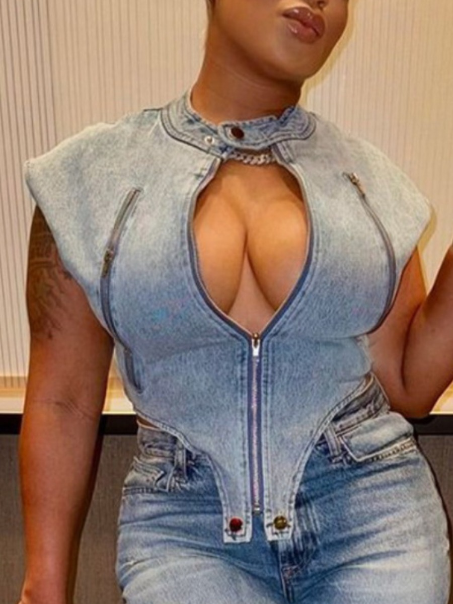 LW Round Neck Zipper Design Solid Color Micro Elasticity Denim Tops