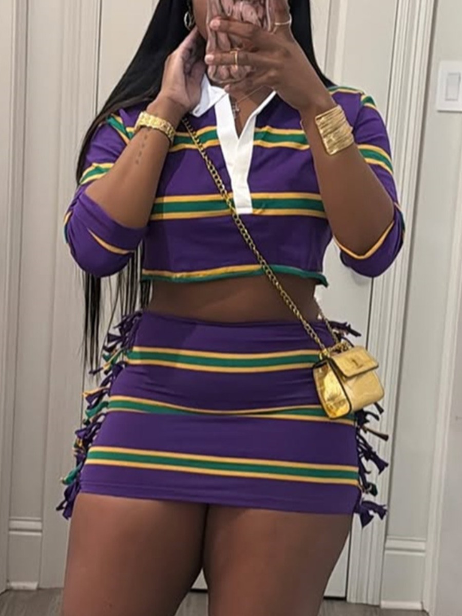 LW Casual Polyester Turndown Collar Tassel Design Striped Long Sleeve Two-piece Skirt Set