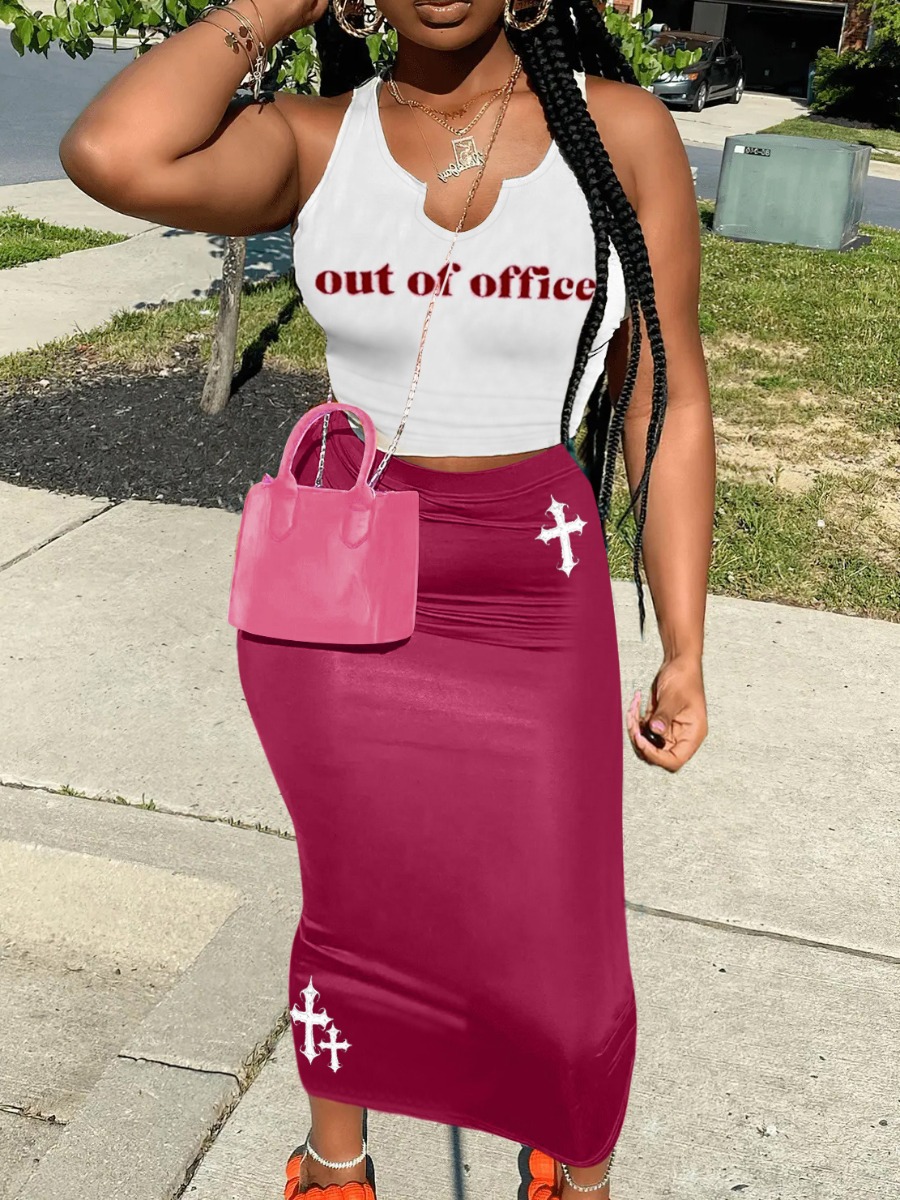LW Casual Polyester U Neck Pattern Letter Sleeveless Two-piece Skirt Set