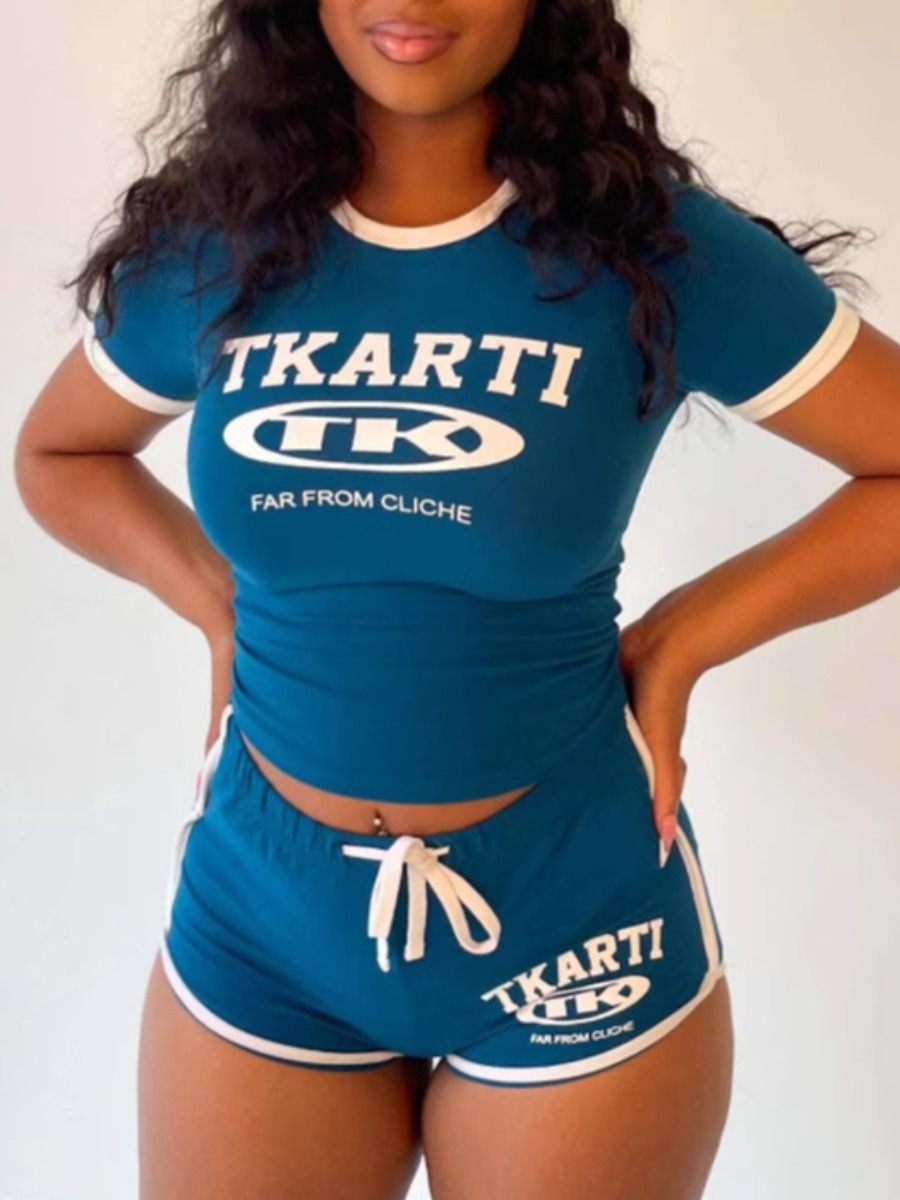 LW Sporty Polyester Round Neck Bandage Design Letter Short Sleeve Two-piece Shorts Set