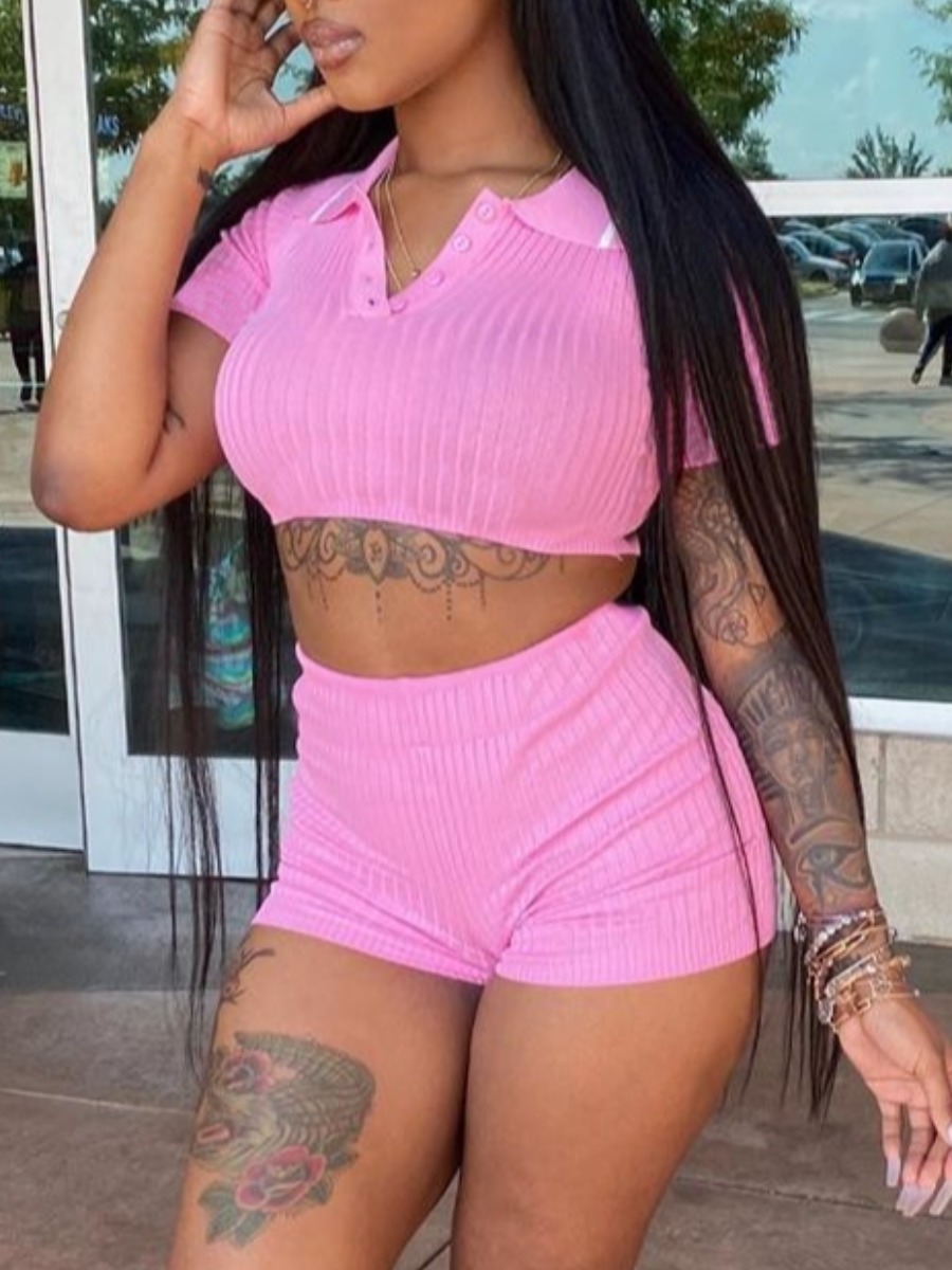 LW BASICS Casual Polyester Turndown Collar Solid Color Short Sleeve Two-piece Shorts Set