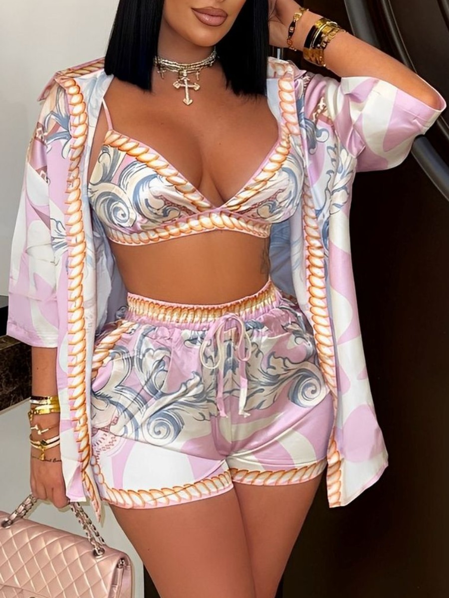 LW Vacation Polyester Shirt Collar Pattern Mixed Print Geometric Three Quarter Two-piece Shorts Set