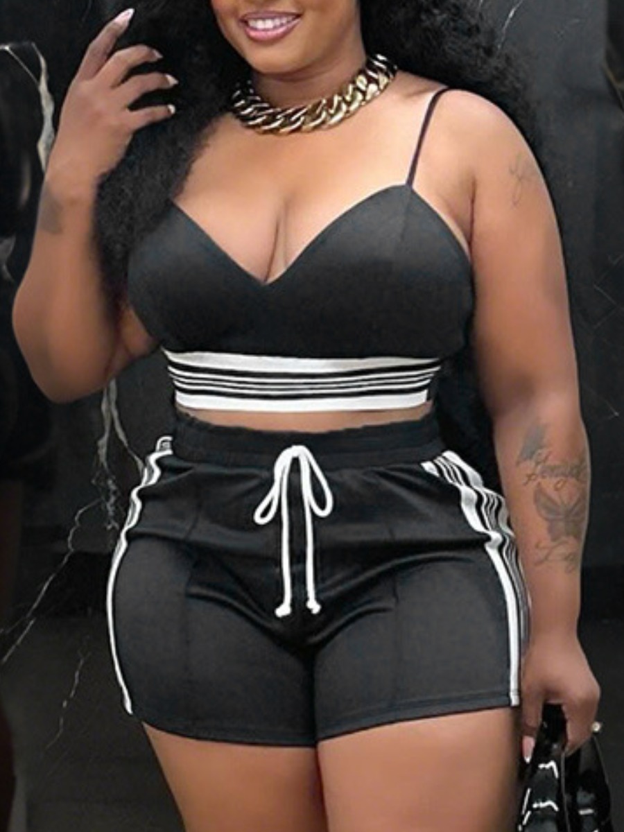 LW BASICS Casual Polyester V Neck Patchwork Stripe