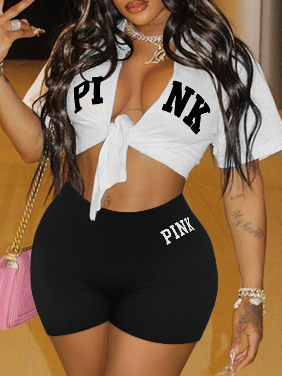 LW Casual Polyester Collarless Pattern Letter Short Sleeve Two-piece Shorts Set