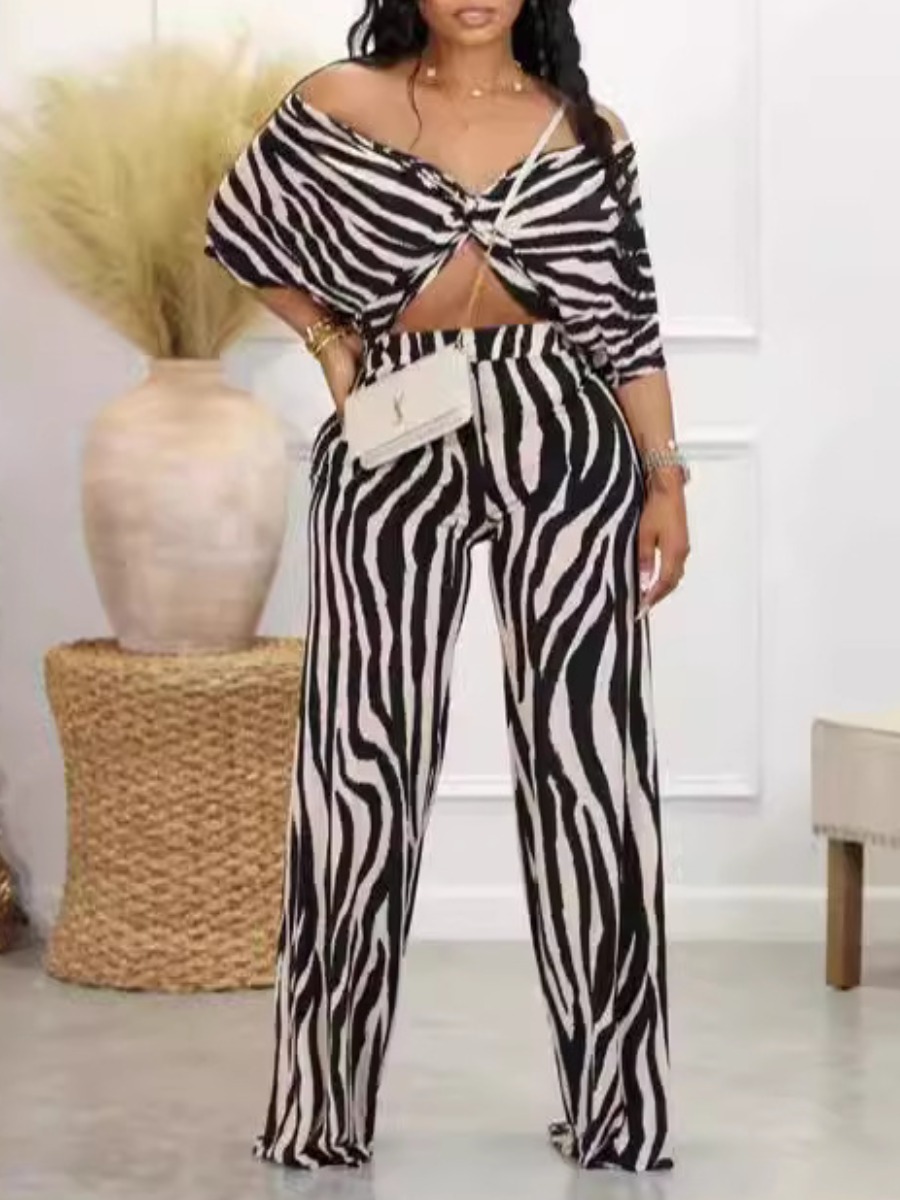 LW Casual Polyester V Neck Pattern Geometric Short Sleeve Two-piece Pants Set