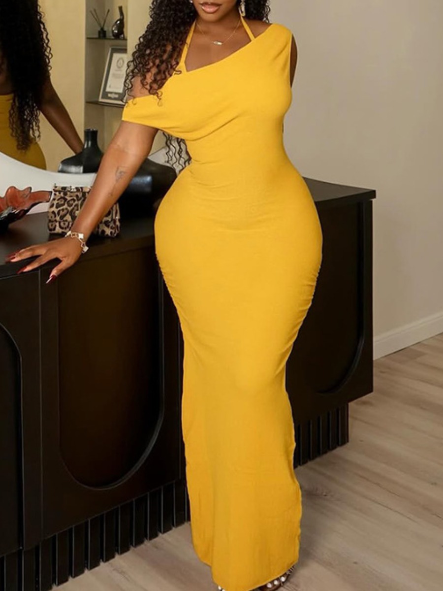 LW Asymmetrical Solid Color Prom Dress