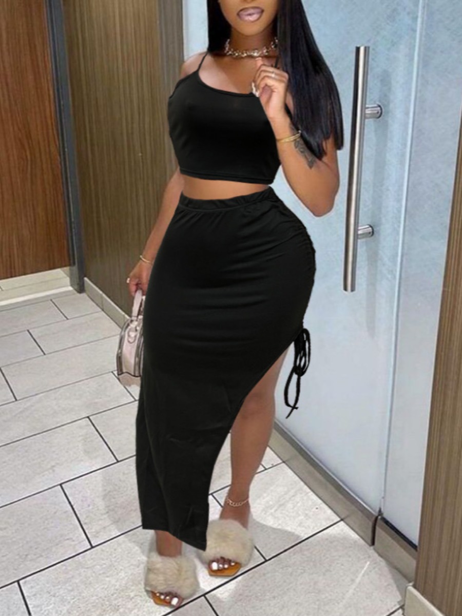 LW BASICS Casual Polyester Spaghetti Strap Bandage Design Solid Color Sleeveless Two-piece Skirt Set