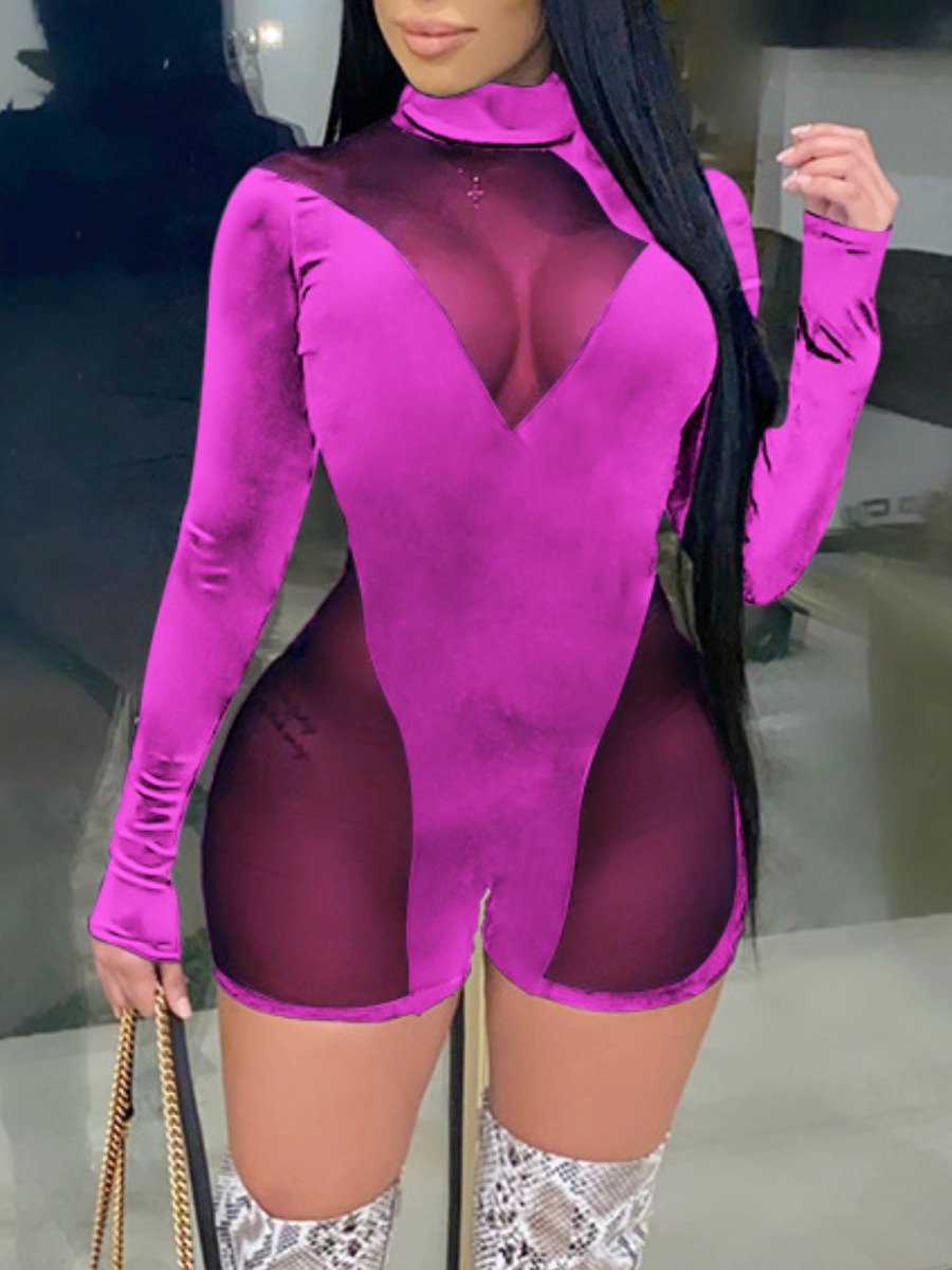 LW SXY Mesh Patchwork Solid Color Romper