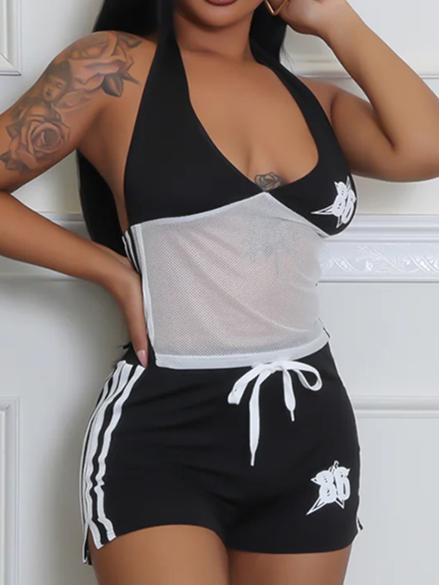 LW Sporty Polyester Halter Patchwork Letter Sleeve
