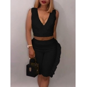 LW Casual Polyester V Neck Ruffle Solid Color Slee