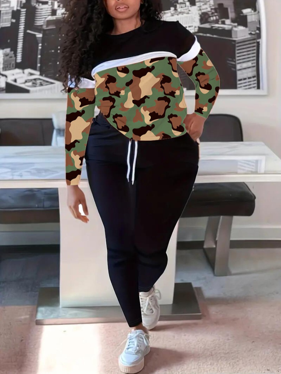 LW Plus Size Patchwork Camo Color Block Two-piece 