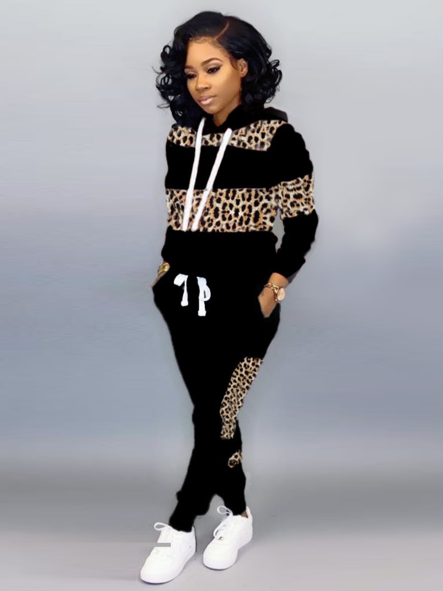 LW Casual Polyester Hooded Collar Patchwork Leopar