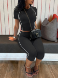LW Casual Polyester Round Neck Patchwork Solid Color Short Sleeve Two-piece Shorts Set